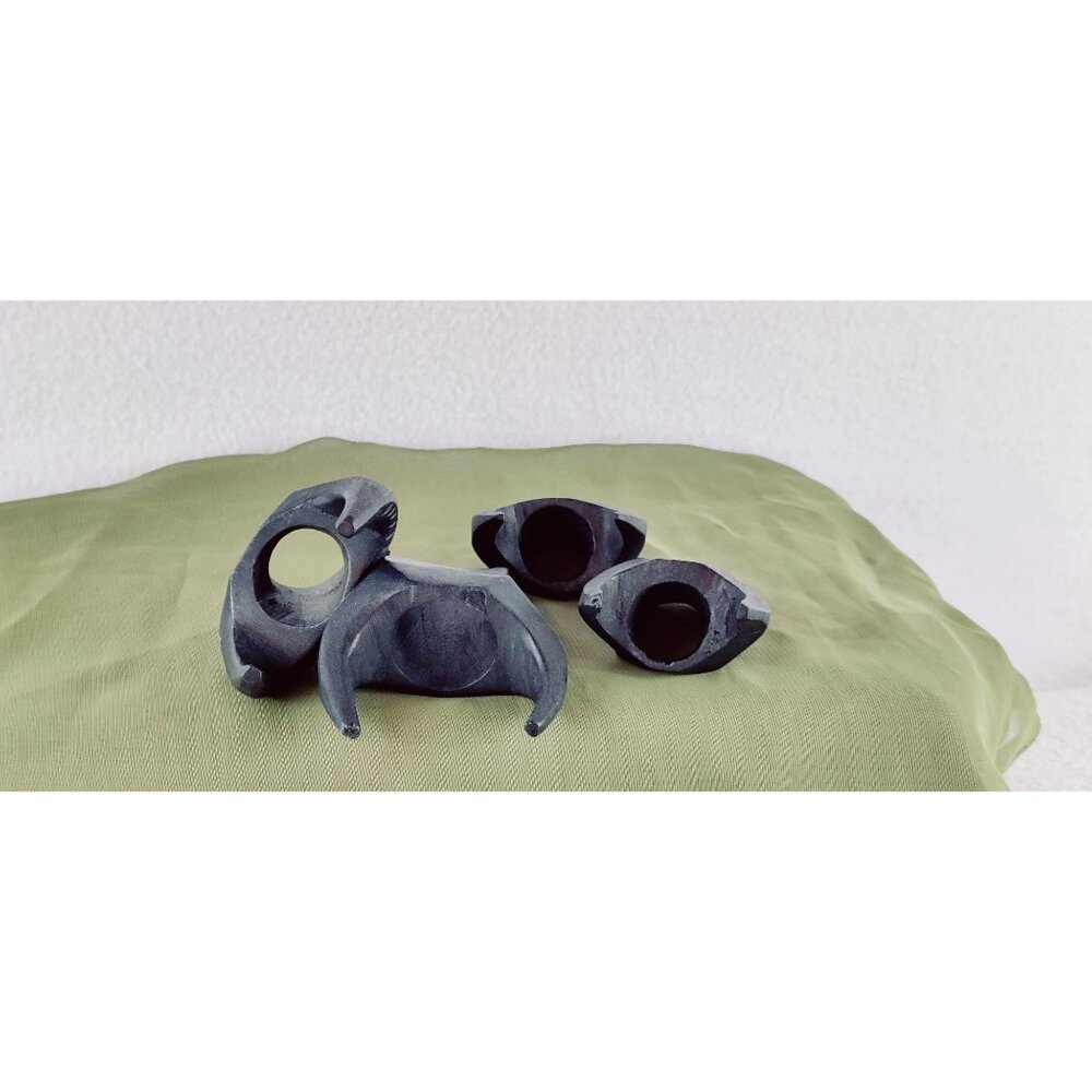 Water Buffalo Napkin Rings Hand Carved Hard Wood Black Set of 8 Vtg MCM Bull Hds - Picture 4 of 10